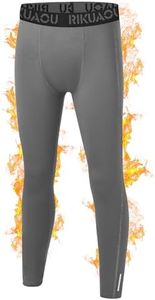 RIKUAOU Boys' Thermal Pants Fleece Lined Compression Leggings, Youth Football Base Layer, Kids Sports Tights Cold Weather Light Gray