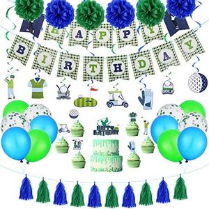 Golf Birthday Party Supplies Decoration Kits Include Happy Birthday Banner, Paper Garlands Golf Themed Cake Toppers, Confetti Balloon, Latex Balloons and Hanging Swirl Paper Flower Ball