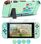 DLseego Protective Case Design for Switch Model, Newest Pattern Animal Crossing Design Cover Case with 2 Pcs Glass Screen Protectors and 4 Pcs Cute Thumb Grip Caps Green Accessories Set