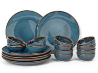 Bodhi House Handcrafted Stoneware Reactive Glaze Ceramic Dinner Set, 18 Pieces Serving for 6, Microwave and Dishwasher Safe, Bone-ash Free, Crockery Set for Dining and Gifting, Greenish Blue