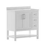 Flash Furniture Vega 36 Inch Bathroom Vanity with Sink, Storage Cabinet with Soft Close Doors, Open Shelf and 3 Drawers, Carrara Marble Finish Countertop, White/White