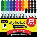 Artellius 120 Bulk Pack of Dry Erase Markers (12 ASSORTED COLORS W/ 21 EXTRA BLACK) - Thick Barrel - Perfect Pens For Writing on Whiteboards, Dry-Erase Boards, Mirrors, & All White Board Surfaces