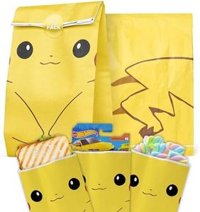 Bolsas Regalo cumpleaños + Pegatinas con diseño Pikachu, Bolsas Papel Kraft, bolsas cumpleaños infantil, Bolsas para cumpleaños con temática de Pokemon (10 Bolsitas/20 Pegatinas)