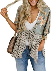 Women Boho Floral Kimono Cardigans 3/4 Sleeve Flowy Belt Tie Loose Cover Up Shirt Blouse Tunic Tops