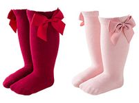 Maorrew 2 Pack Baby Girls Knee High Socks Bow Long Stockings Infants Toddlers Cotton Ruffled Uniform Leggings Wine Red/Pink 0-12 Months