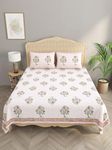 HOUSE OF GULAB Handblock Print Percale Cotton King Bedsheet with 2 Pillow Covers (108X108 Inches) (Pink)