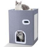 Large Cat House for Indoor Cats, Cat Cave Bed for Large Pet Cat, Foldable Cat Hideaway with Scratch Pad, Covered Cat Bed (Heighten_Gray, Large)