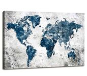 Wall Art Map of the world Watercolor Abstract World Map Wall Decal Large Office Canvas Wall Art Painting for Bedroom Contemporary Wall Decoration for Living Room Gallery Wrapped Blue Artwork for Walls Set 32x48inch