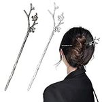 Retro Vintage Hair Stick Hairpin Long Hair Pins Hair Chopsticks Chinese Hair Sticks for Buns 2Pcs Metal Hair Fork Hair Accessories for Women Girls Decorative for Hair (Silver & Black)