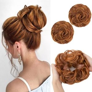 SARLA 2PCS Messy Hair Bun Hair Pieces Wavy Curly Synthetic Updo Fake Scrunchies Ponytail Extension for Women Tizian Red