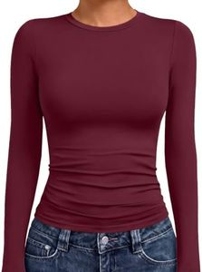 AUTOMET Womens Long Sleeve T-Shirts Trendy Basic Fitted Compression Going Out Crop Tops Fall Fashion Y2K Clothes 2025 Outfits Burgundy M
