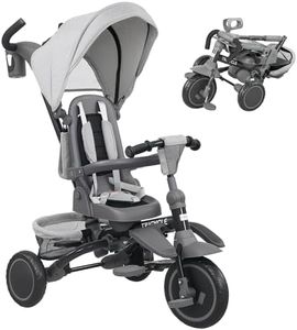 AIYAPLAY Kids Trike, Toddler Tricycle 6 in 1 Foldable Baby Trike with Adjustable Parent Handle & Canopy, Convertible Seat, 5-Point Harness, Storage Basket & Bag for Ages 1-5 Years, Grey