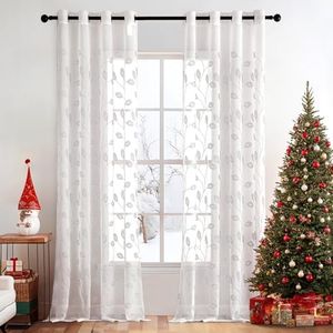 2 Panneaux Rideau Voilage Salon Moderne avec Motif Broderie, Tulle Rideau Transparent à Oeillets, Décoration Interieur Rideau Fenetre Chambre, Lot de 2 Rideau Voile, 140x220cm Blanc