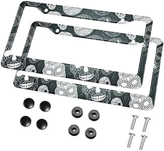 HOSNYE Black and White Sugar Skull License Plate Frame Black 2 Pcs Day of The Dead Cartoon Indian Style Metal Cute Licenses Plates Frames Licenses Plate Covers Car Tag Frame for Women Men US Vehicles