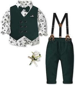 SANGTREE Boys Formal Suit Vest, Shirt, Suspender Pants and Bowtie Dresswear Set with Pocket Square, 3 Months - 14 Years, Print+dark Green