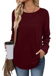 POPYOUNG Jumper Sweatshirt for Women Crewneck Split Side Long Sleeve Tunic Tops for Leggings Loose Blouse Tops S, Wine Red