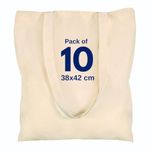 Cotton Canvas Plain Tote Bags to Decorate in Bulk Pack of 10, 100% Natural Cotton Premium 145gsm (5 Oz.) Fabric Blank Reusable Large Canvas bag -38 X 42 cm+65cm long Handles (Pack of 10-Natural)