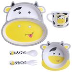 POLKA TOTS Eco Friendly Bamboo Fiber Cartoon Dinner Set, 5 Pcs Tableware Crockery Set For Weaning Toddler & Self Feeding Baby Utensil Set For Baby Kids (Cow)- Yellow