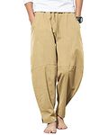 YAOBAOLE Men's Cotton Linen Yoga Pants Drawstring Elastic Waist Baggy Harem Pant Khaki XL