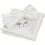 GUSLESON Mens Solid Color Double Fold Pre-tied Bow Tie and Pocket Square Cufflink Set with Gift Box, White, general