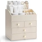 Vlando Makeup Organiser, Large Capacity Dressing Table Organiser,Cosmetic Organiser with 4 Drawer,Faux Leather Vanity Organiser for Lipstick,Jewellery & Skincare Storage,Beige