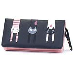 Mini Faux Leather Bifold Cute 3 Cat Zipeer Clutch Wallet Handbag for Women Girls Christmas Gifts for Kidss (Long Black)