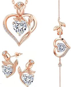 JACUPO Rose Heart Necklace Earrings Bracelet Set Moissanite/Lab-Grown Sapphire/Ruby Options S925 Silver Plated 18K White Gold Engraved I LOVE YOU Ideal for Mother's Day Proposal Gift for Girlfriend Wife (Necklace 1.2CT / Earrings 0.8CT)