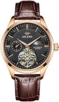 TEINTOP Men's Watch Automatic Mechanical Skeleton Ailang Watches, Leather Band-Gold Black, Wristwatch