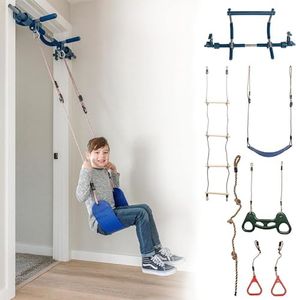 Gym1 6-Piece Doorway Gym for Kids, Includes Door Sensory Swing, Indoor Pull-Up Bar for Adults, Rings, Hanging Trapeze, Ladder & Knotted Rope, Holds Up to 300 Lbs