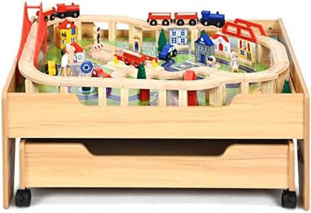 GOPLUS 100 Pcs Ensemble de Chemin de Fer avec Véhicules, Circuit Train Enfants en Bois,Table d'Activité avec Rangement à roulettes, Pistes, Trains, Voitures 63x78x33CM