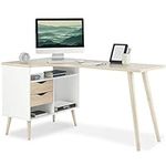 VonHaus Computer Desk - Light Oak Effect Home Office Desk with Shelves - Desk for Home Working or Home Study Space - Laptop Desk for Small Spaces - Computer Table with Drawers - Corner L Shape PC Desk