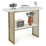 GOFLAME Gold Console Table 2 Tier, 48” Narrow Sofa Table with White Faux Marble Top, Gold Steel Frame & Open Shelf, Entry Table, Modern Entryway Table for Living Room, Hallway, Entrance