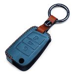 JVCV® Soft Handmade Leather Key Cover Compatible with Skoda Kushaq Taigun Tiguan Virtus Octavia Kodiaq Superb Folding Key (Blue)