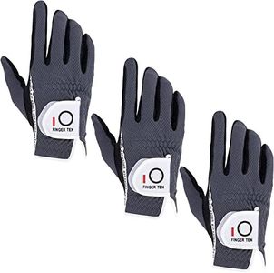 FINGER TEN Men’s Golf Glove Rain Grip Black Grey Color 3 Pack, Durable Fit Hot Wet All Weather, Left Hand Set Size Small Medium Large XL (Grey, Large-Worn on Right Hand)