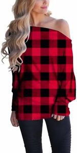 Lacozy Women's Off Shoulder Plaid Shirts Long Sleeve Tunic Tops Loose Oversized Pullover Sweatshirts Red Plaid S