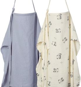 ANYEDDE 2-Pack Muslin Nursing Covers for Breastfeeding - Breathable Breastfeeding Covers with Arch Neckline, Privacy Nursing Cover for Women and Baby, Gray & Panda