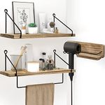 SUMGAR Floating Shelves for Bathroom Kitchen Rustic Wood Wall Shelf for bedroom living room office Wooden Storage Rack Set of 3 With Hair Dryer Holder Towel Bar Plant Dispaly Decoration