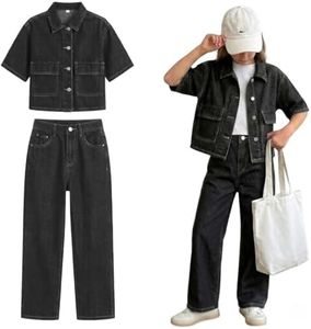 Tenfinordi Girls 2 Piece Denim Outfits, Short Sleeve Button-Up Jacket & Straight Leg Jeans Set with Pockets, Girls Trendy Clothes for School Streetwear, Black Size 9