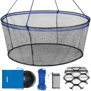 QualyQualy Foldable Fishing Net, Landing Fishing Pier Nets, Drop Net for Pulling Up Fish with Rope, Portable Bridge Fishing Net for Minnows, Crawfish, Shrimp, Top Dia. 39.4“