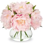 Hollyone Pink Peonies Artificial Flowers with Vase Faux Flowers Peony Fake Flowers Silk Flower Arrangements in Glass Vase with Faux Water for Home Decor Bathroom Table Centerpiece Shelf Decorations