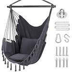 Klhamky 59"×47" Hammock Chair Swing with Hanging Hardware Kit- Beige, Cotton Canvas, Include Two Seat Cushions, for Bedroom Indoor Outdoor, Max. Weight 330 Lbs (Dark Grey)