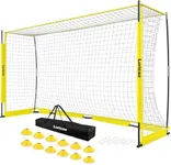 Collapsible Soccer Goal, 12×6 ft Portable Soccer Goal Net for Backyard, Quick Setup Soccer Goals with 1 Carry Bag, 1 Agility Ladder, 4 Ground Nails,12 Training Cones (Yellow)