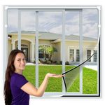 Fly Screens for Windows - Magnetic Fly Screen Adjustable DIY Max 150x130cm Fiberglass Screen Mesh Fits Any Size Smaller with White Window Frames and Grey Mesh