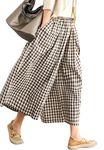 chouyatou Women's Cotton Linen Pants Elastic Waist Plaid Gingham Wide Leg Capri Palazzo Pants, Coffee Brown, Large