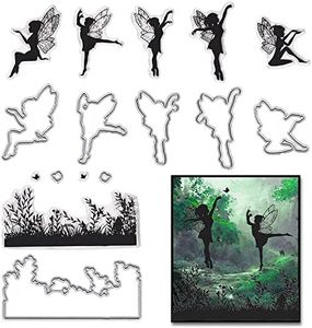 Hying Spring Fairy Background Stamps and Dies for Card Making, Grass Dancing Fairy Cutting Die and Clear Stamps for Bullet Journal DIY Scrapbook Decoration Handmade Crafts Notebook