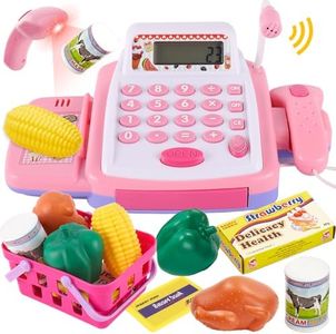 HYAKIDS Jouet Caisse Enregistreuse pour Enfants, 36 Accessoires avec Vraie Calculatrice Scanner Son et Lumière, Jouet Supermarché Jeu de Rôle pour Garçon Fille de 3+ Ans