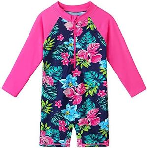 BAOHULU Girls Swimsuits One Piece Long Sleeve Rashguard UPF50+ Sun Protective Bathing Suit Flower Zipper Swimwear, Navy Flower Long, 5-6 Years