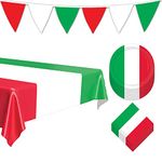 Italian Party Italy Flag Red, White, and Green Paper Dessert Plates, Napkins, Table Cover, Pennant Banner Set (Serves 16)