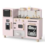 COSTWAY Wooden Kids Kitchen, Toddler Pretend Play Kitchen with Ice Maker, Sink, Blackboard & Acrylic Board, Utensils, Children Chef Role Playset for Boys Girls (Pink)