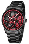 V2A Vortex-3 Series Rolling Wheel Men’s Analog Watch Open Dial Stainless Steel Watch – Car Wheel-Inspired Design, Hollow Out Elegance Casual Watch for Men | Gift for Men (Black-Red)